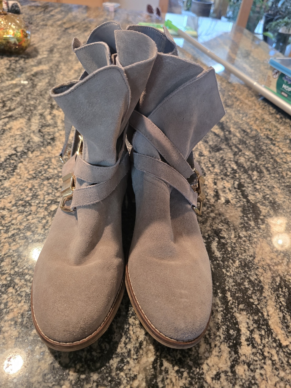 Steve Madden Taupe Suede Ankle Boots with Wrap Strap and Buckles